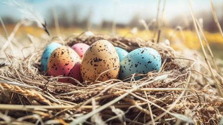 Easter eggs in nest on nature background. Vintage toned.の素材