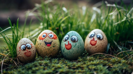 Easter eggs with funny faces on green grass background. Happy easter concept.の素材