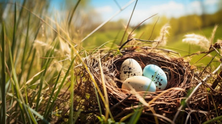 Easter eggs in a nest on a background of green grass.の素材