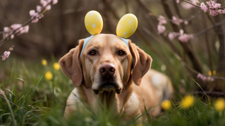 Labrador Retriever with easter eggs in the spring gardenの素材