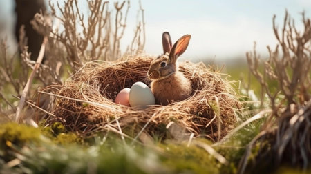 Easter bunny in a nest with eggs on a background of green grassの素材