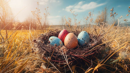 Easter eggs in a nest in the grass on a background of blue skyの素材