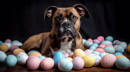 Boxer dog and easter eggs on a black background. Studio shot.の素材