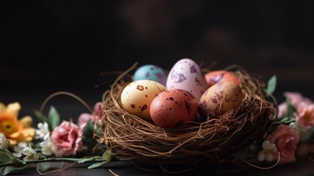 Easter eggs in a nest with flowers on a dark wooden background.の素材
