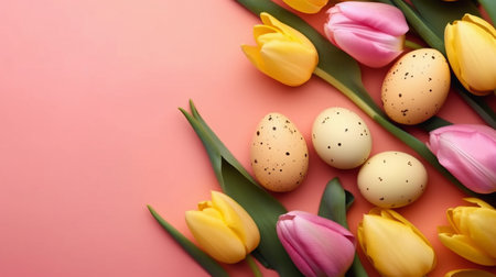 Easter eggs and tulips on pink background. Top view.の素材