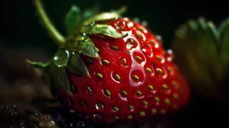 Strawberry with water drops on a dark background. Selective focus.の素材