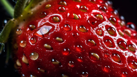 Macro shot of fresh strawberry with water drops on black background.の素材