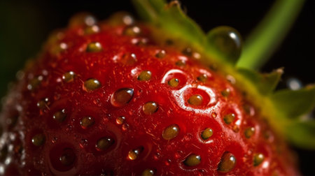 Macro shot of a strawberry with water droplets on it.の素材