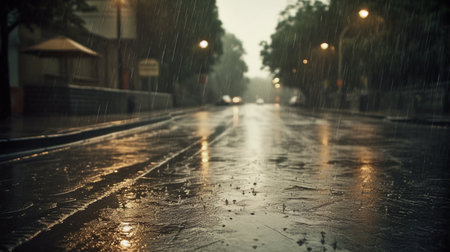 Raindrops on the road in the city. Rainy weather.の素材