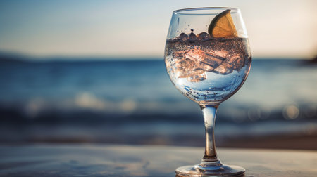 Glass of water with lemon and ice on the background of the seaの素材