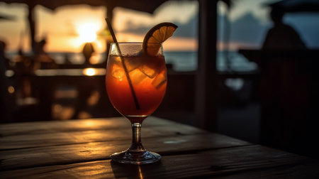 cocktail on the beach at sunset time. soft focus. vintage toneの素材
