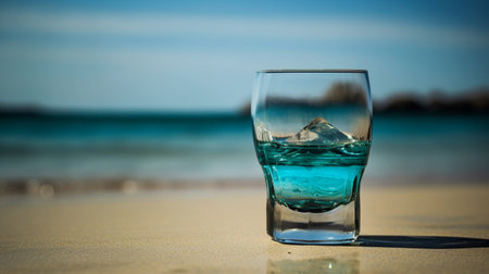 Glass of vodka on the beach at sunny day. Selective focus.の素材