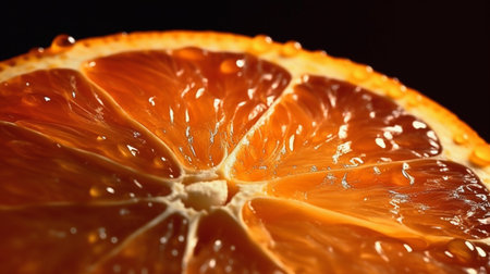 Close-up of a slice of orange with water drops on itの素材