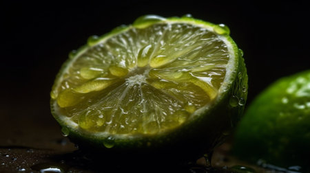 Close up of fresh limes with water drops on black background.の素材