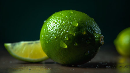 Fresh lime with water drops on wooden table. Selective focus.の素材