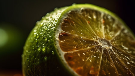 Close-up of a slice of lime with water drops on itの素材