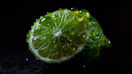 Lime with water droplets on black background. Close up.の素材