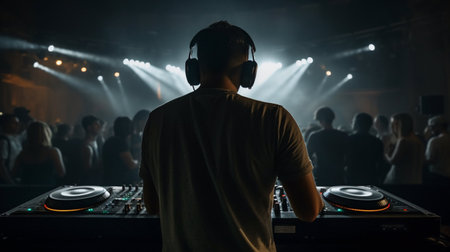 DJ playing music in a nightclub, close up view of hands and equipmentの素材