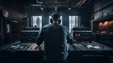back view of sound engineer working on mixing desk in music recording studioの素材