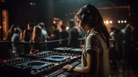 Young woman dj playing music at night club with crowd of people.の素材