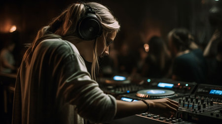 young woman dj playing music on dj mixer in dark room at nightの素材
