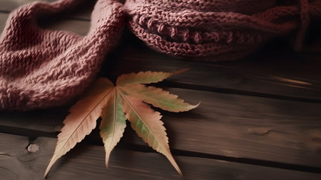 Autumn leaves and knitted scarf on wooden background. Fall season concept.の素材