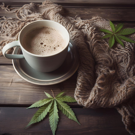 Cup of coffee with cannabis leaf and knitted scarf on wooden backgroundの素材