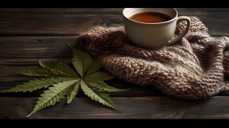 Cup of tea, scarf and cannabis leaf on wooden background.の素材