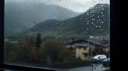 raindrops on the window, rainy day in the mountains, natural backgroundの素材