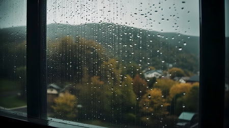 Rain drops on the window. Water drops on the glass. Raindrops on the windowの素材