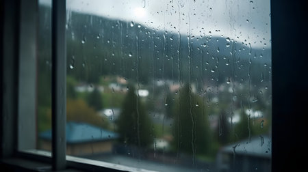 Rain drops on window glass with view of the city. Rainy day.の素材