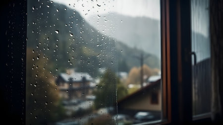Rain drops on the window with a view of the mountain village.の素材