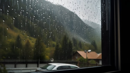 rain drops on the window glass and mountain in the background, rainy weatherの素材