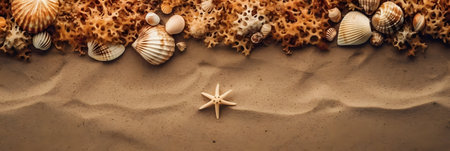 Seashells and starfish on sand background. Top viewの素材