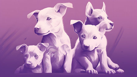 Illustration of a group of puppies on a purple background, digital paintingの素材
