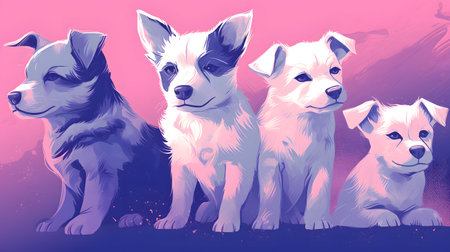 Vector illustration of a group of dogs on a background of pink and purple.の素材