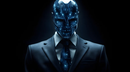 Cyborg man with glowing head concept on dark background 3D renderingの素材