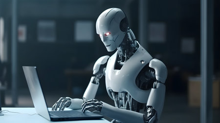 Robot working on laptop in modern office. 3d rendering.の素材