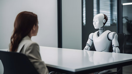 Side view of female robot sitting at table and talking to female colleague in officeの素材