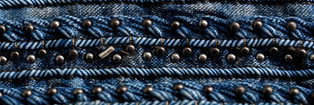 Jeans fabric texture. Blue denim background with black rivets.の素材