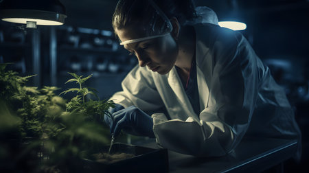 Scientist working in a laboratory. She is examining plants in a test tube.の素材