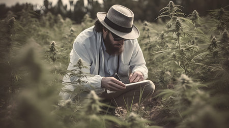 Handsome bearded hipster man in hat using digital tablet in hemp fieldの素材