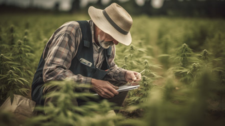 Farmer checking the quality of his cannabis plant in the field.の素材