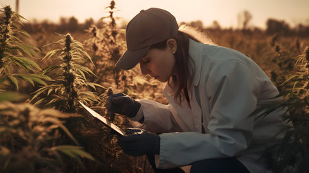 Young female scientist working in hemp field. She is examining and examining cannabis plants.の素材