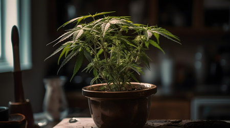 Cannabis plant in pot on wooden table in dark room.の素材