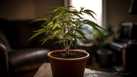 Cannabis plant in a pot on a wooden table. Indoor cultivation.の素材
