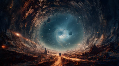 Fantasy landscape with a man in a mystical space. 3d renderingの素材