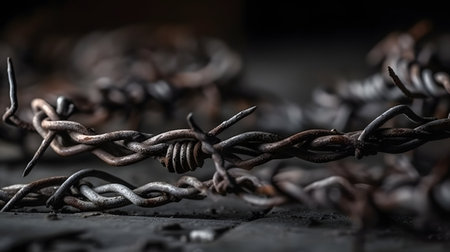Rusty barbed wire on a black background. Conceptual photo of danger.の素材