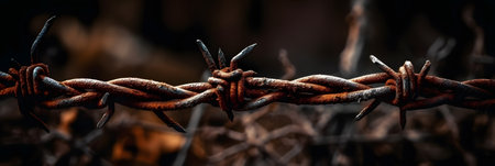 Rusty barbed wire on a dark background. Selective focus.の素材