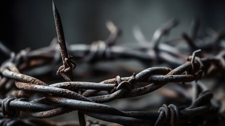 barbed wire close-up with selective focus and shallow depth of fieldの素材